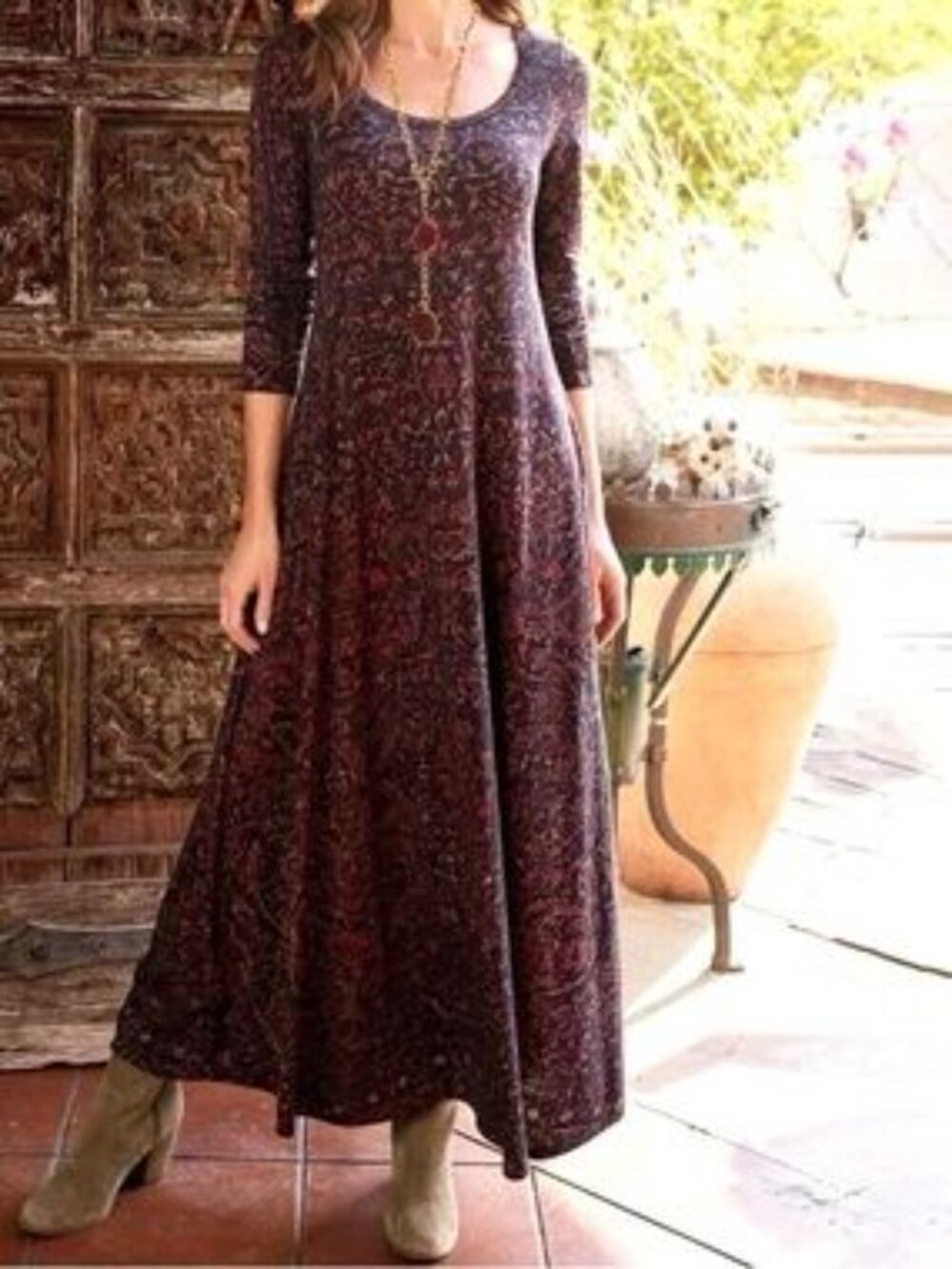 Soft Surroundings Maxi Dress Size Large Petite Purple Damask Knit Boho Floral